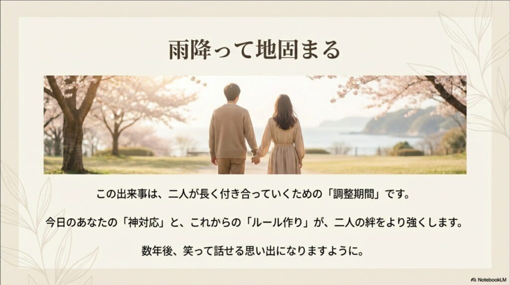 今回の出来事を調整期間と捉え二人の絆を強くすることを願うメッセージスライド