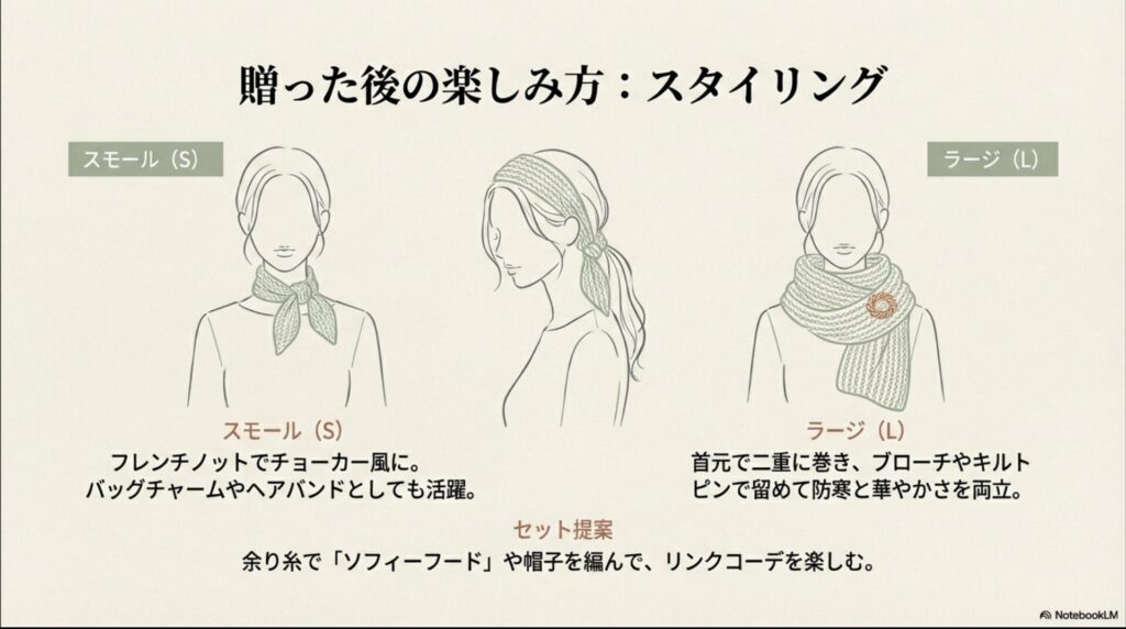 スモールサイズのフレンチノットアレンジとラージサイズのブローチ留めスタイリング例