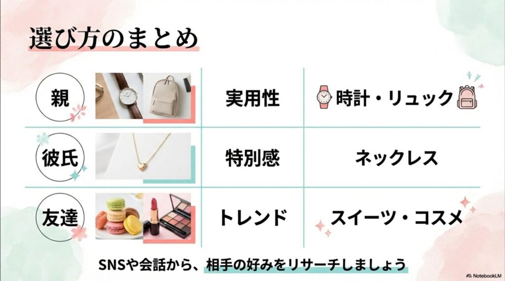 親(実用性:時計・リュック)、彼氏(特別感:ネックレス)、友達(トレンド:スイーツ・コスメ)といった、相手別の選び方をまとめた図解。