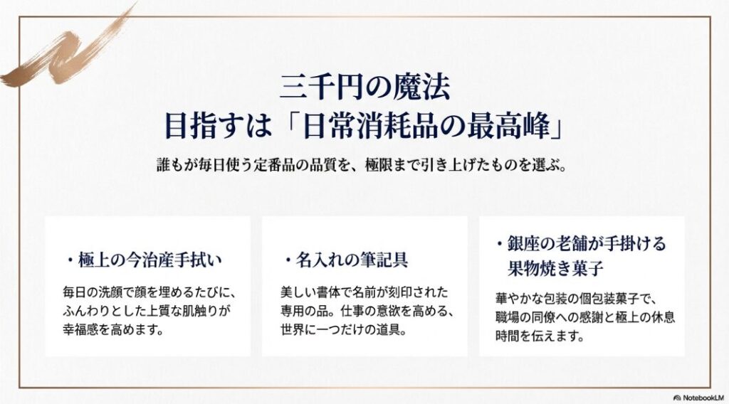 今治産手拭いや名入れ筆記具、老舗の焼き菓子など、3,000円予算で日常を格上げする「消耗品の最高峰」を提案するスライド。
