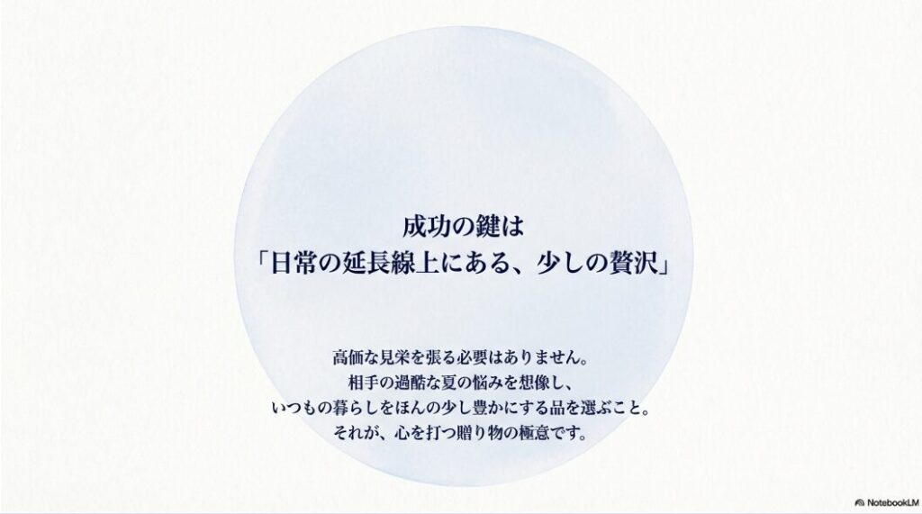 成功の鍵は「日常の延長線上にある、少しの贅沢」であり、相手の夏の悩みを想像して暮らしを豊かにする品を選ぶことが極意であると説明するスライド。