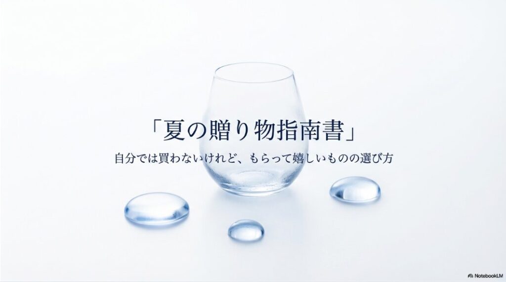 「夏の贈り物指南書」というタイトルと、涼しげな水滴のイメージが描かれた、夏のギフト選びの導入スライド。