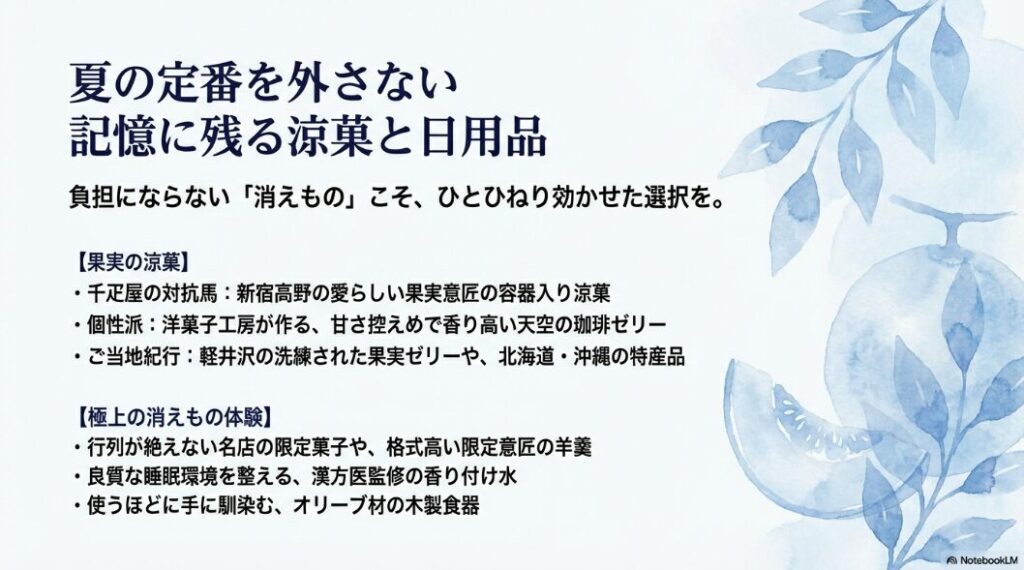 新宿高野の果実ゼリーや珈琲ゼリーなどの「涼菓」と、香り付け水や木製食器などの「極上の消えもの体験」を紹介するスライド。