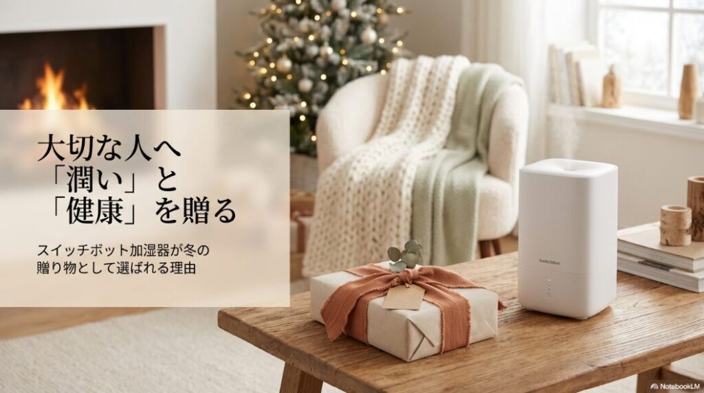「潤い」と「健康」を贈る、SwitchBot加湿器が冬の贈り物として選ばれる理由を説明する表紙スライド。