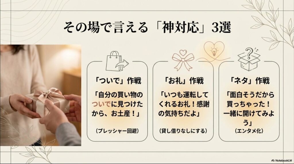 ついで作戦、お礼作戦、ネタ作戦という3つの具体的なリカバー方法を紹介するスライド