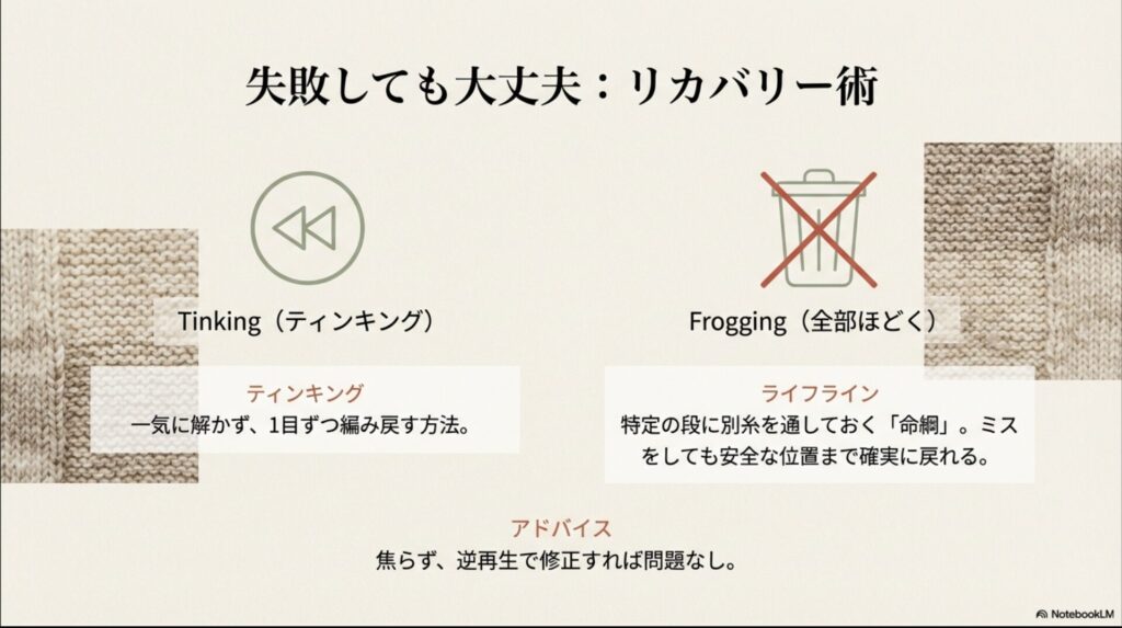 編み間違えた際のティンキング(編み戻し)とFrogging(ほどく)のリカバリー方法
