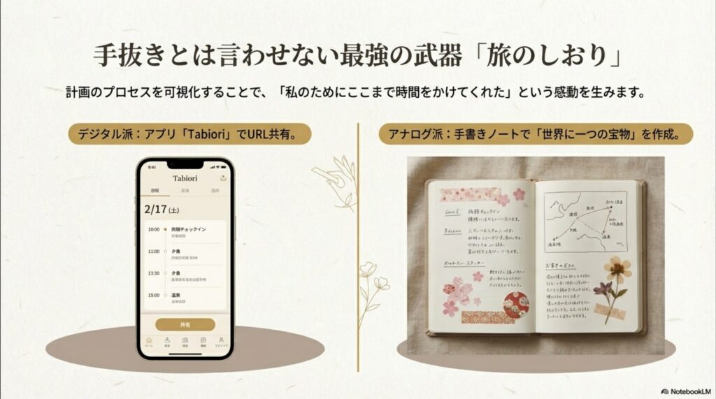 計画を可視化することで感動を生むとし、デジタルアプリ「Tabiori」やアナログ手書きノートの活用を提案するスライド