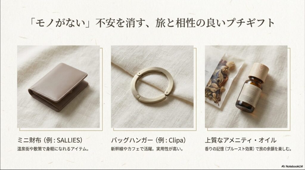ミニ財布、バッグハンガー、上質なアメニティなど、「モノがない」不安を解消し、旅を便利にするアイテムを紹介するスライド