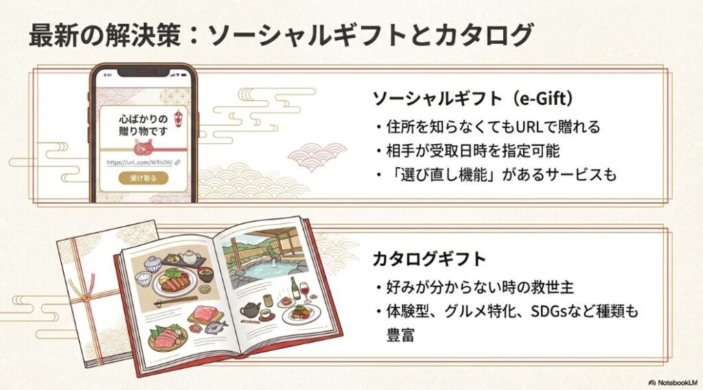 住所不要で贈れるソーシャルギフトの仕組みと、好みが分からない時に重宝するカタログギフトの多様性を解説するスライド 。
