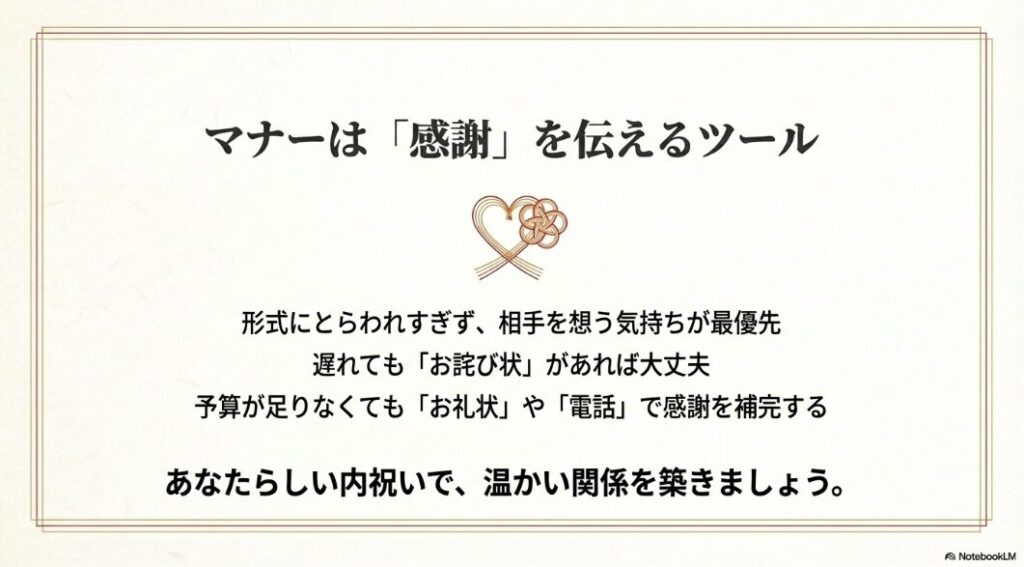 形式にとらわれすぎず、相手を想う気持ちを最優先にして温かい関係を築こうというメッセージを込めたスライド 。