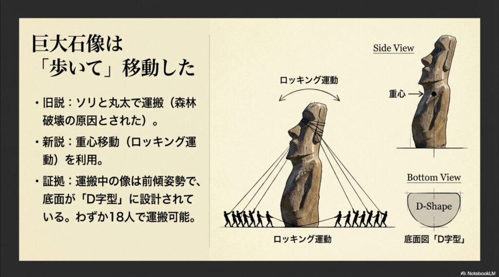 重心移動とD字型の底面を利用し、ロープで左右に揺らすことでモアイを「歩かせる」ロッキング運動の仕組みを示した図解。