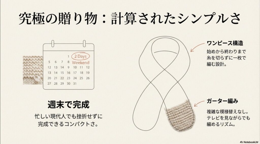 週末の2日間で完成するソフィースカーフのワンピース構造とガーター編みの解説