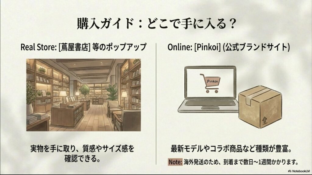 実店舗(蔦屋書店など)のイメージイラストと、公式通販サイトPinkoiが表示されたパソコンと配送箱のイラスト。