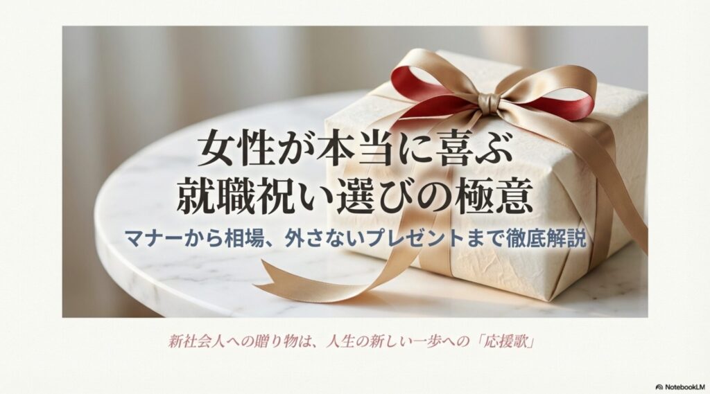 新社会人の女性への贈り物選びを解説する資料の表紙。「人生の新しい一歩への応援歌」というメッセージが添えられている。