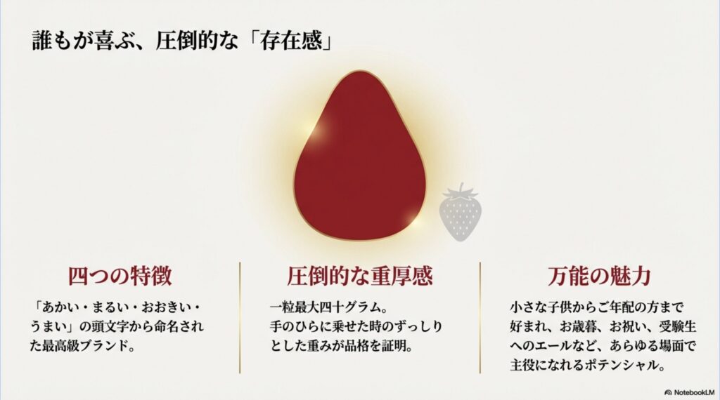 あかい・まるい・おおきい・うまいというあまおうの4つの特徴や、一粒最大40gにもなる圧倒的な重厚感と万能の魅力