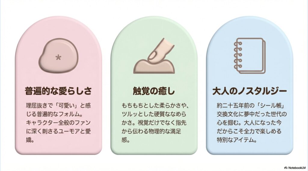 普遍的な愛らしさ、触覚の癒し、大人のノスタルジーというシールの魅力を解説した図