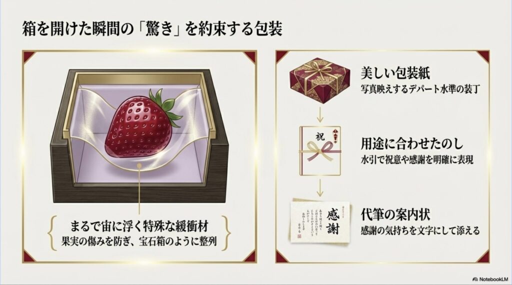 宙に浮く特殊な緩衝材による果実の保護や、美しい包装紙、用途に合わせたのしや水引、代筆の案内状など丁寧なギフト対応について