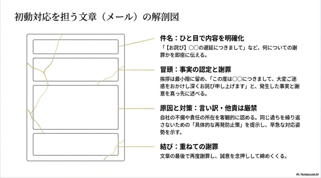謝罪メールの件名、冒頭、原因と対策、結びの各ポイントをまとめた構成図。具体的な例文（【お詫び】〇〇の遅延につきまして）も記載されている。
