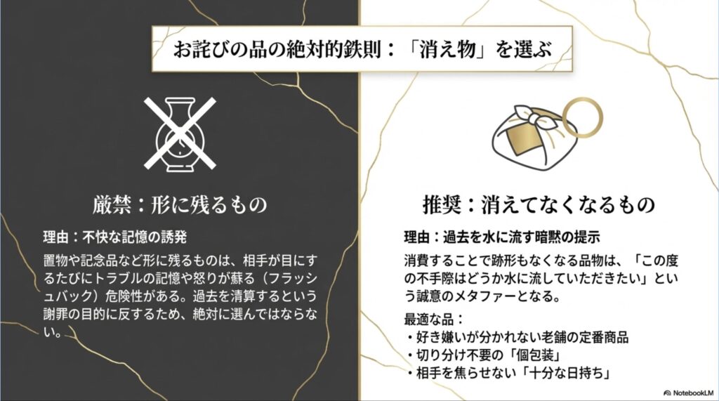 形に残るものは不快な記憶を誘発するため厳禁とし、過去を水に流す意味を持つ「消え物」を推奨する理由、および最適な品（老舗、個包装、日持ち）の条件を説明した図解。