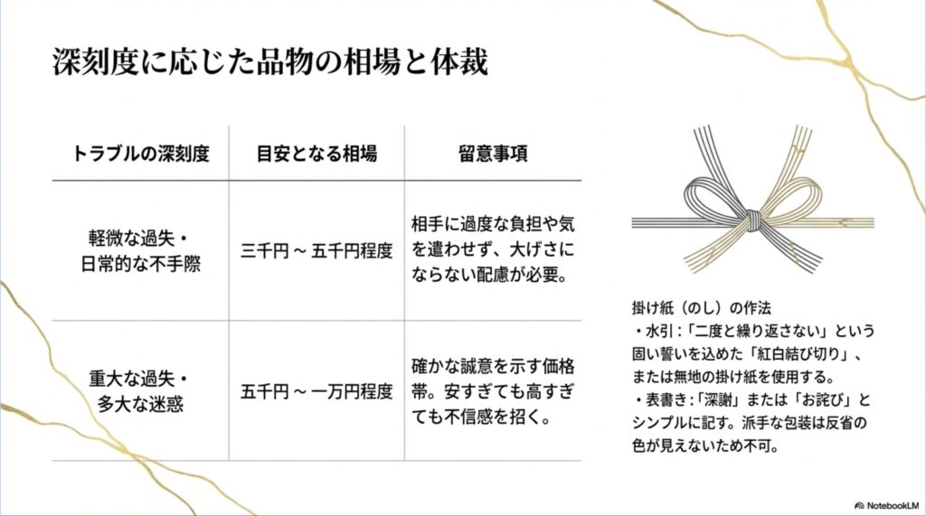 軽微な過失（3千〜5千円程度）と重大な過失（5千〜1万円程度）に分け、目安となる相場と、相手への負担や不信感を招かないための留意事項をまとめた表。