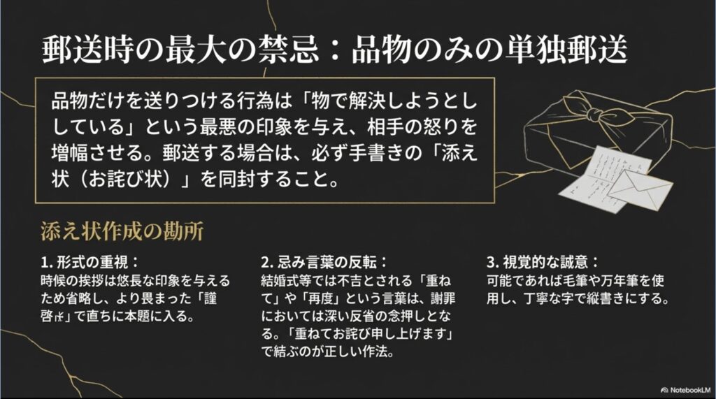 品物のみの郵送は厳禁とし、必ず手書きの添え状を同封することを促す図解。時候の挨拶の省略や「重ねて」という言葉の使用、縦書きの推奨など、添え状作成の勘所がまとめられている。