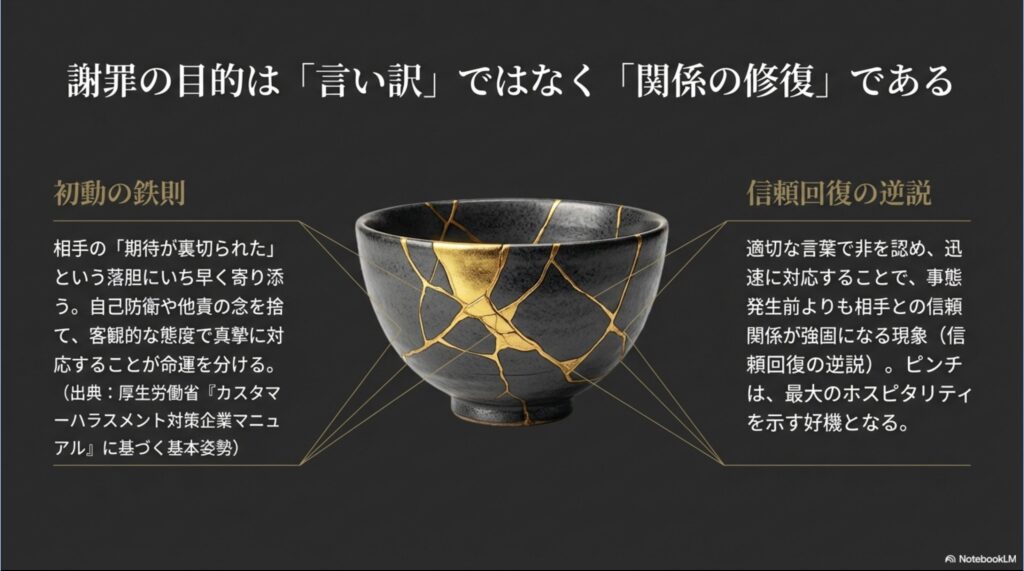 謝罪の目的は言い訳ではなく関係修復であること、初動で相手の落胆に寄り添う鉄則、そして迅速な対応が信頼を強める「信頼回復の逆説」を解説した図解。