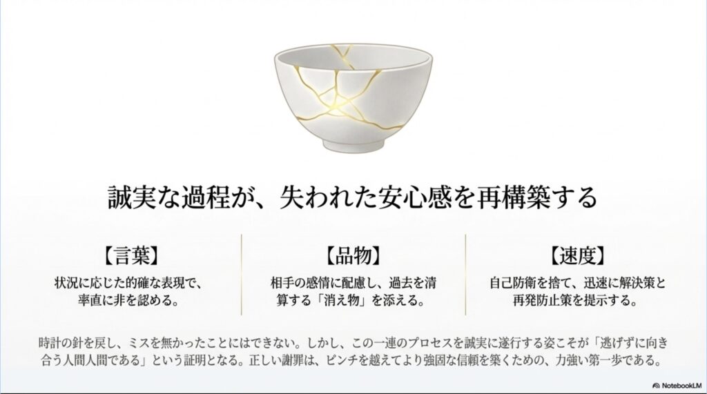 言葉（的確な表現）、品物（消え物）、速度（迅速な解決策）の3要素を揃えた誠実なプロセスが、失われた安心感を再構築し、強固な信頼を築く第一歩となることを示したまとめのスライド。