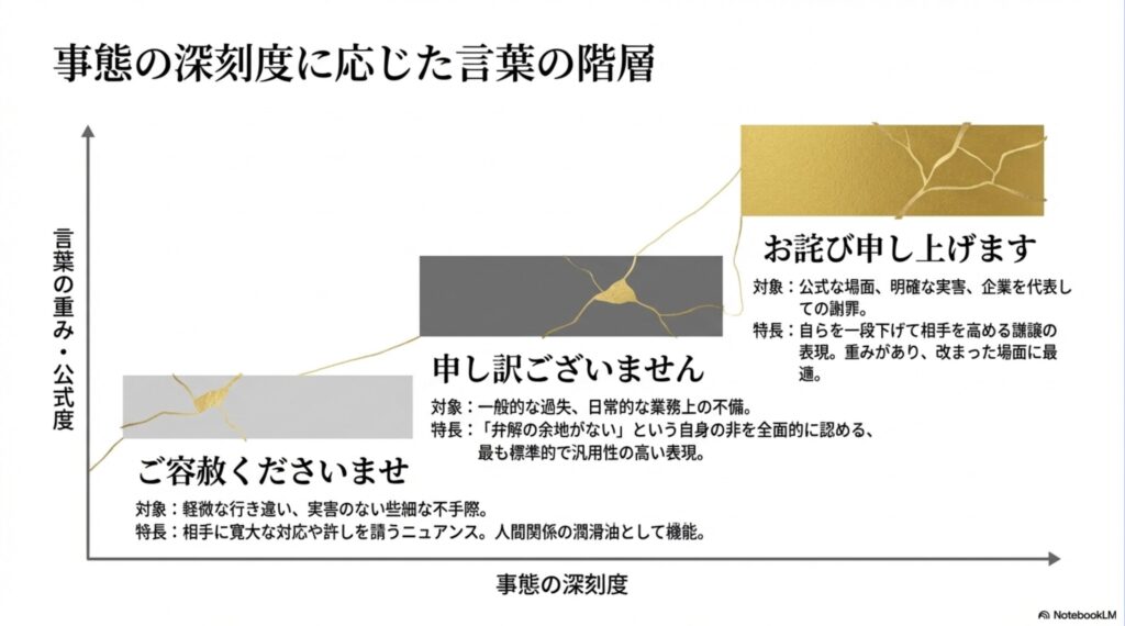 「ご容赦くださいませ」「申し訳ございません」「お詫び申し上げます」の3つの表現について、対象となる場面や特徴を深刻度別に整理した比較表。