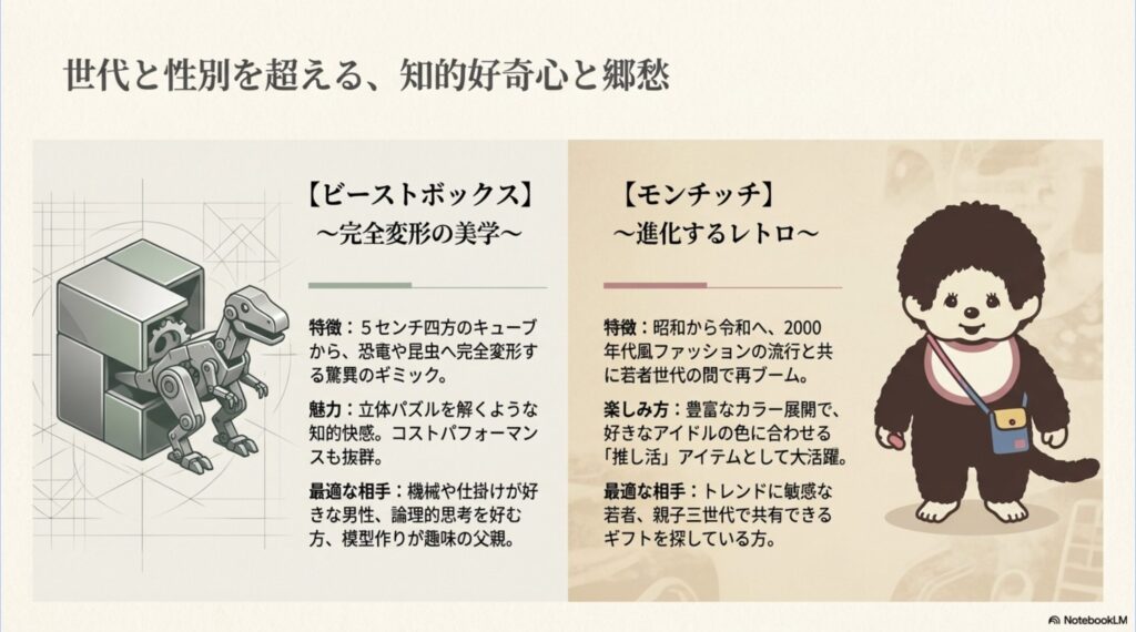 ビーストボックスの変形ギミックとモンチッチのレトロな魅力を解説したスライド