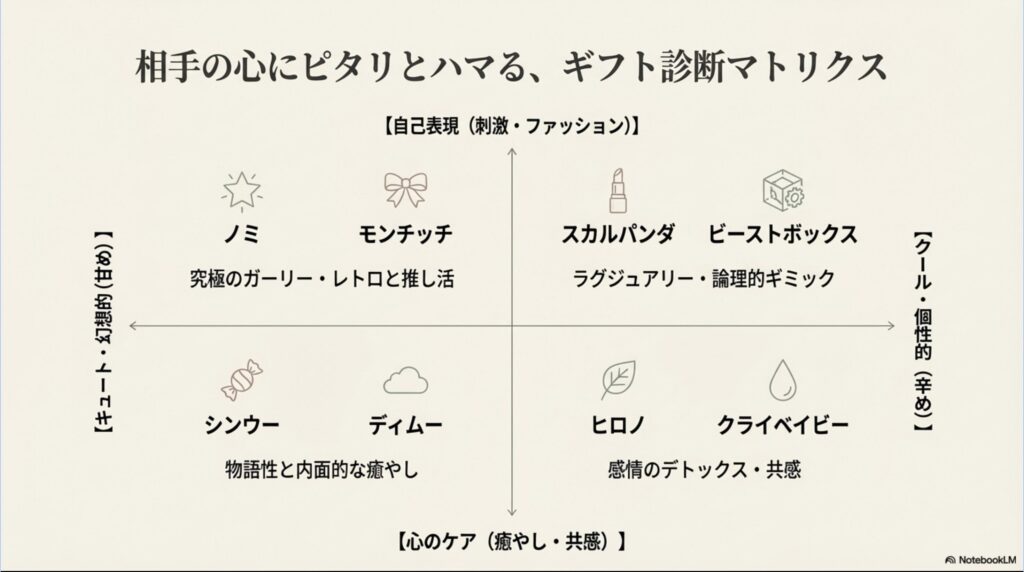 贈る相手の心にピタリとハマる、各キャラクターの特徴を分類したギフト診断マトリクス