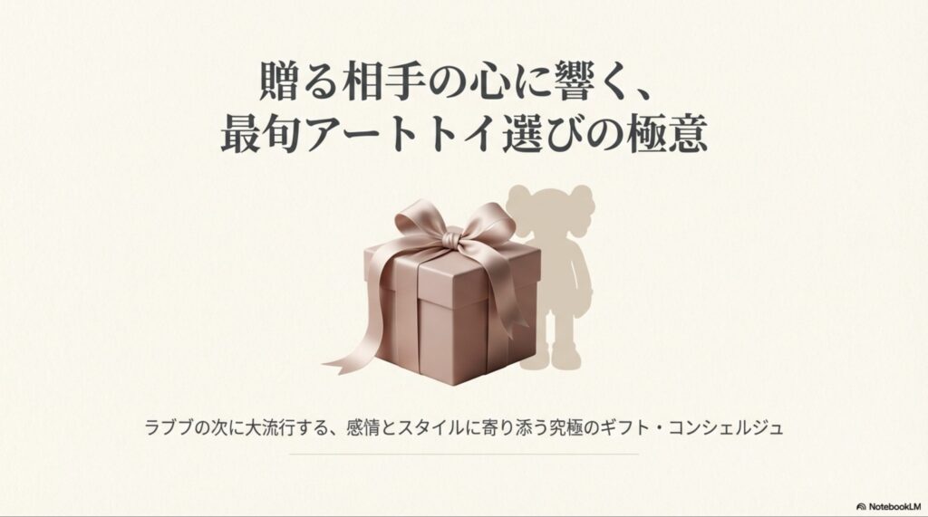 ラブブの次に大流行するアートトイの選び方と極意をまとめたスライドの表紙