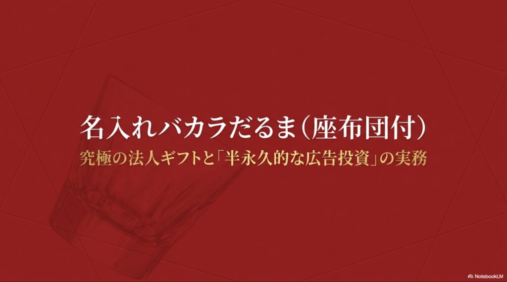 名入れバカラだるまと座布団による半永久的な広告投資の実務のタイトルスライド