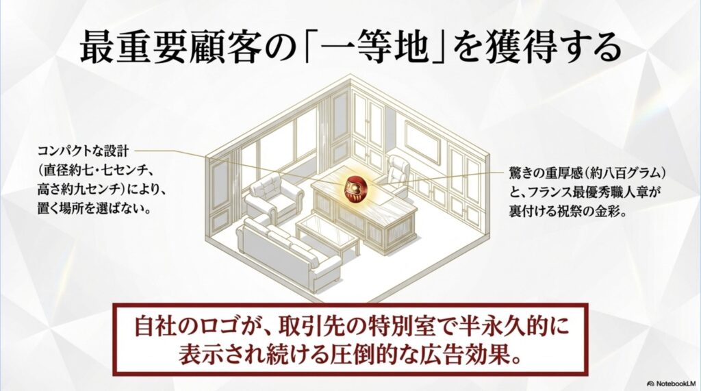直径約7.7センチ、高さ約9センチのコンパクトな設計と約800グラムの重厚感を持つバカラだるまの仕様