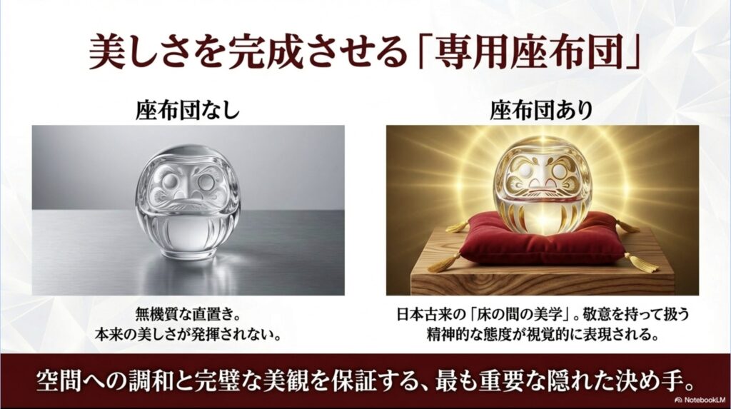 無機質な直置きと専用座布団ありの比較による、空間への調和と完璧な美観を保証する座布団の効果