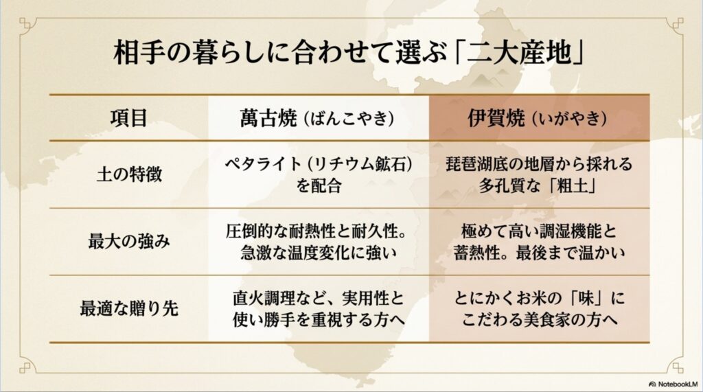 萬古焼（ペタライト配合・耐熱性に優れる）と伊賀焼（多孔質な粗土・調湿性が高い）の2大産地を、土の特徴やメリットで比較した表。