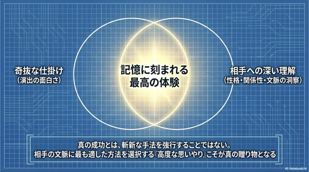 奇抜な仕掛けと相手への深い理解（性格や関係性の洞察）が重なる部分に「記憶に刻まれる最高の体験」が生まれることを示したベン図のスライド。「高度な思いやりこそが真の贈り物」というメッセージが書かれている。