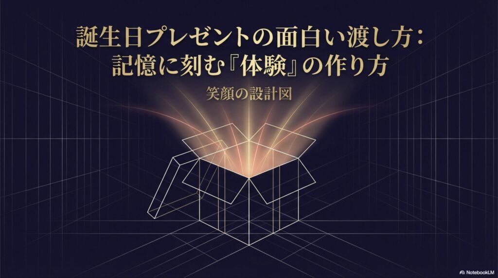誕生日プレゼントの面白い渡し方を解説したスライドの表紙画像。「記憶に刻む『体験』の作り方・笑顔の設計図」と書かれている。