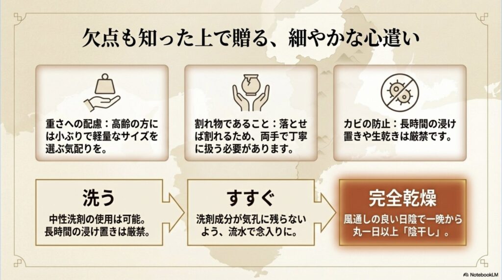 割れ・欠けへの注意と、カビを防ぐための完全乾燥（陰干し）の重要性をまとめたスライド。