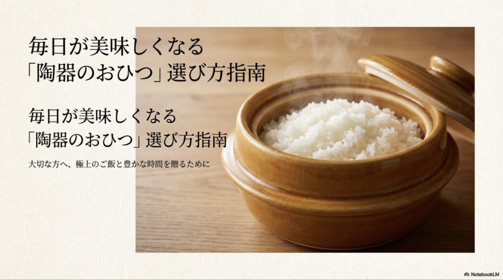 「毎日が美味しくなる 陶器のおひつ選び方指南」と書かれたスライドの表紙画像。贈り物に最適な陶器のおひつの魅力を伝えるガイド。