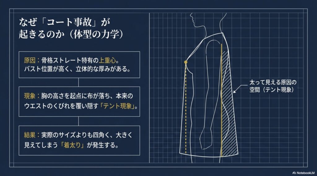セットインスリーブとドロップショルダーの比較図。骨格ストレートには肩の位置が合ったジャストサイズが推奨されることを説明。