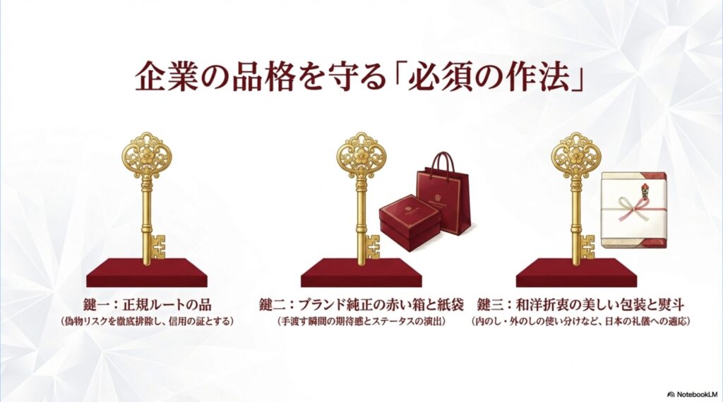 偽物リスクを排除する正規ルートの品、ブランド純正の赤い箱と紙袋、和洋折衷の美しい包装と熨斗という贈答における必須の作法