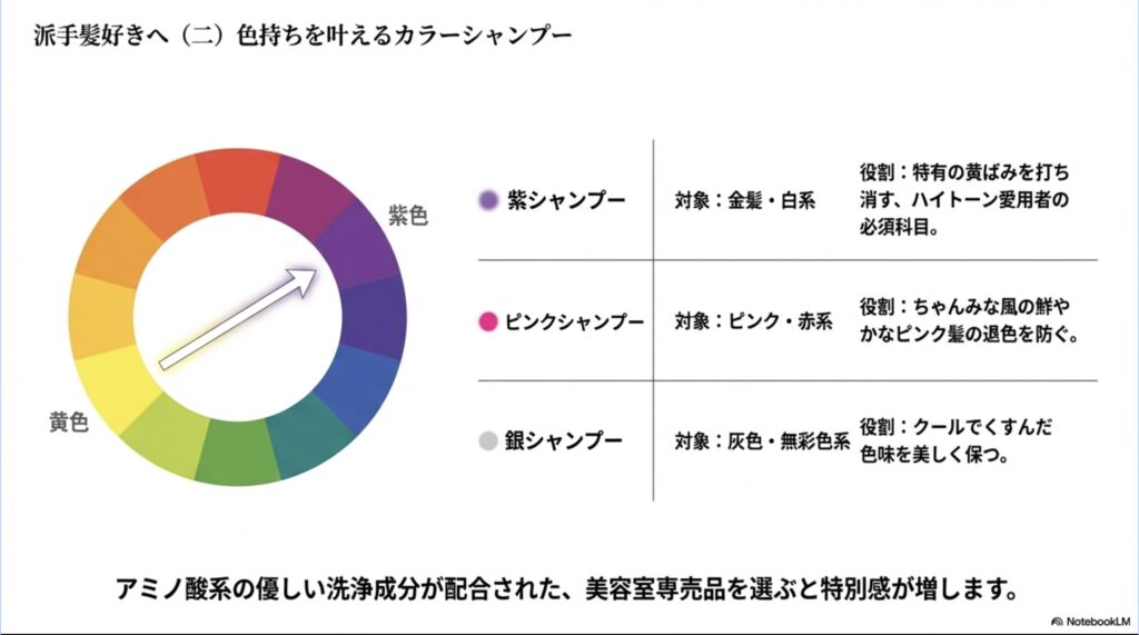 プレックス系による内部補修と、洗い流さないトリートメントによる外部保護の役割を解説したスライド画像 。