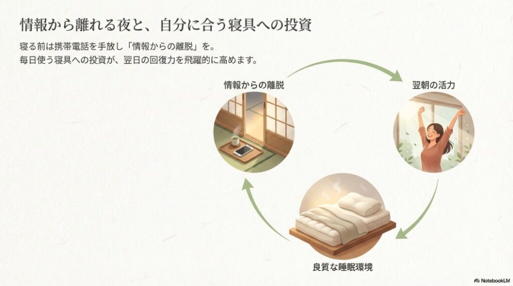 夜のスマートフォンを手放すデジタルデトックスと、翌朝の活力に繋がる良質な寝具への投資の重要性をまとめた図解スライド。