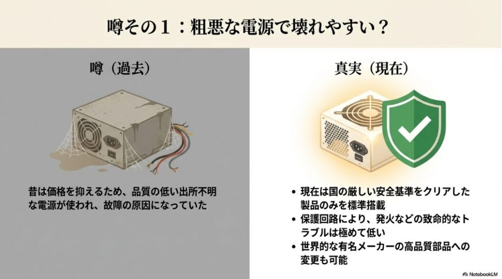 昔の出所不明な電源と、現在の安全基準をクリアし保護回路を搭載した高品質電源の比較解説スライド
