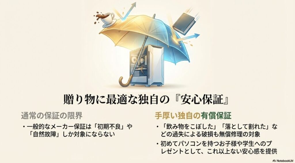 通常保証の限界と、過失による破損もカバーするドスパラ独自のセーフティサービスの内容をまとめたスライド