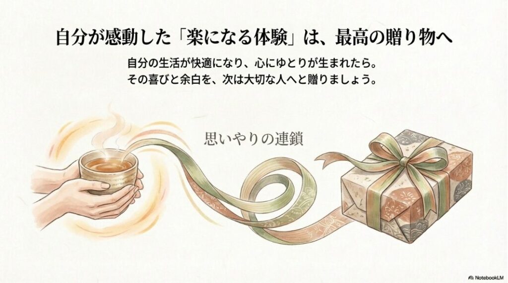 自分が感動した「生活が楽になる体験」を振り返り、それを贈り物に繋げるヒントを提示するスライド。