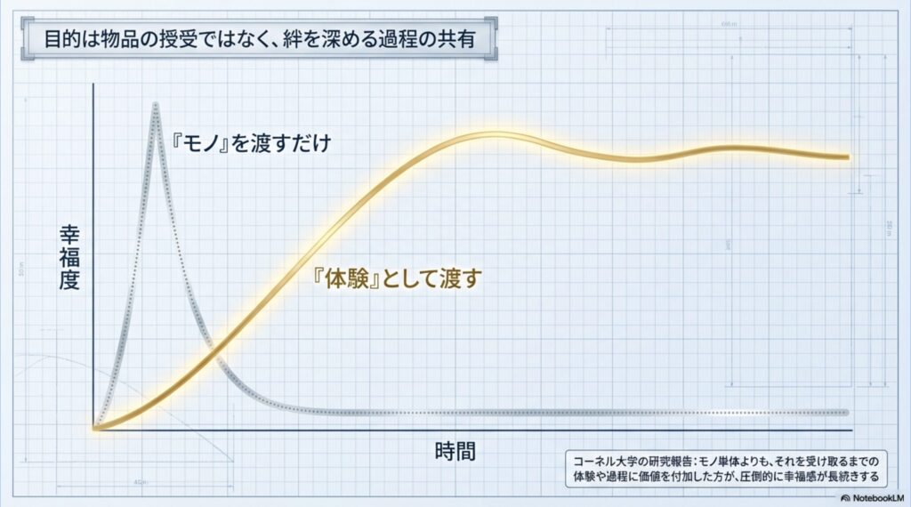コーネル大学の研究報告を基にした、プレゼントを『モノ』として渡すだけの場合と『体験』として渡した場合の幸福度の推移を示すグラフ画像。体験として渡す方が幸福感が圧倒的に長続きすることを示している。