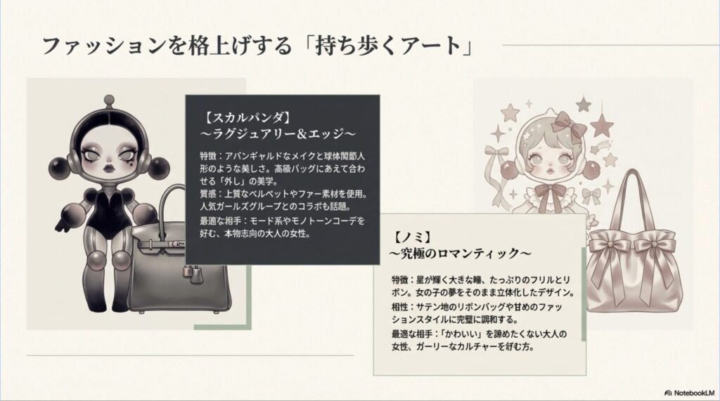 スカルパンダとノミの質感や特徴、ファッションアイテムとしての魅力を紹介するスライド