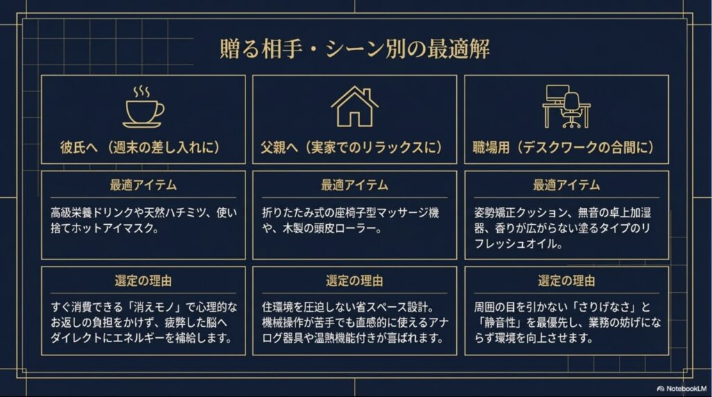彼氏、父親、職場の同僚など、贈る相手別の具体的なおすすめアイテムと選定理由をまとめた比較表スライド。