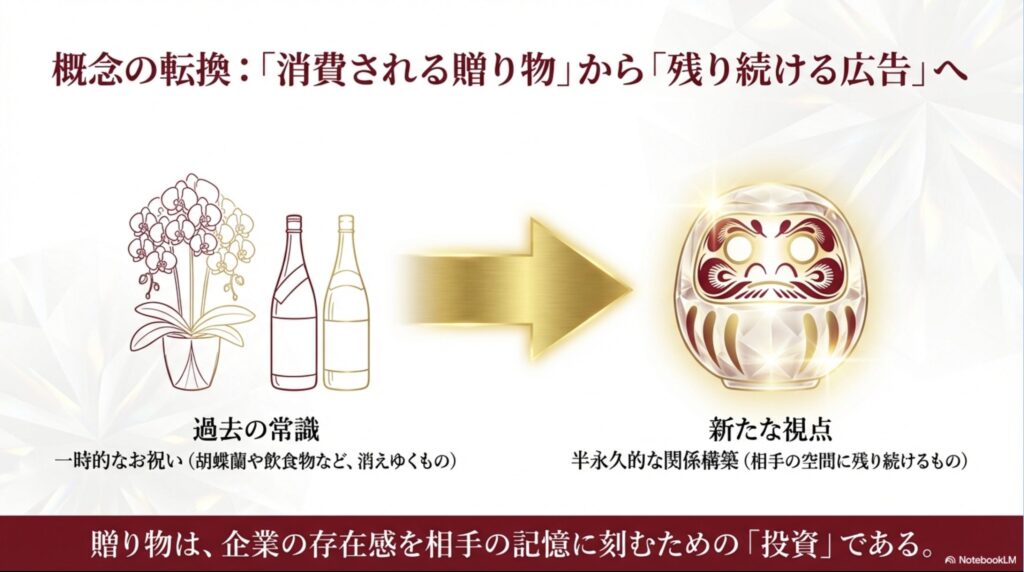 胡蝶蘭などの消費される贈り物から、半永久的に相手の空間に残り続けるバカラだるまへの概念の転換を示すスライド